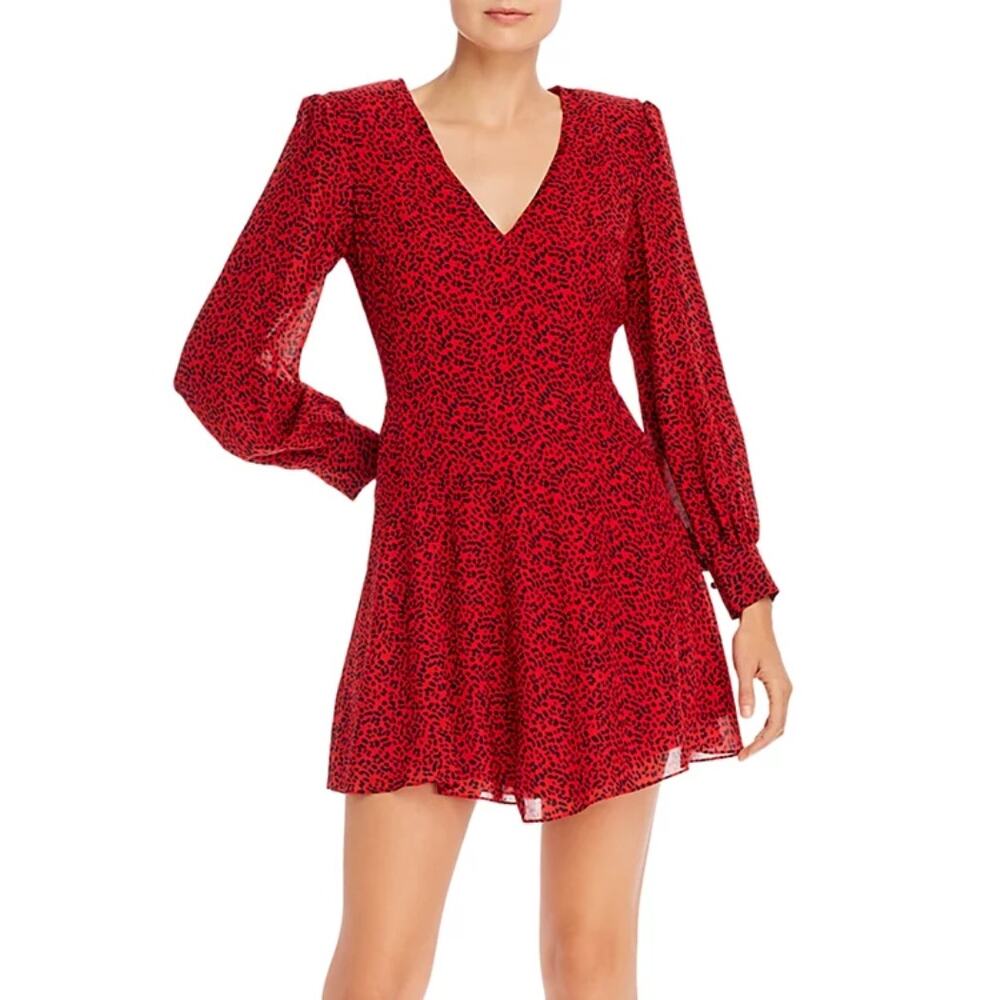 Alice + Olivia Polly Fit and Flare Dress Womens Large Red Black Leopard Print